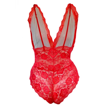 Body de renda com decote profundo e forro Vermelho Luiza | Dricota