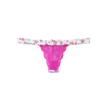 CALCINHA EM TULE E RENDA COM LATERAL FINA DE FRU-FRU BRANCO E ROSA ESTAMPADO MILENA