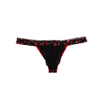 CALCINHA EM TULE E RENDA COM LATERAL FINA DE FRU-FRU PRETO ESTAMPADO MILENA