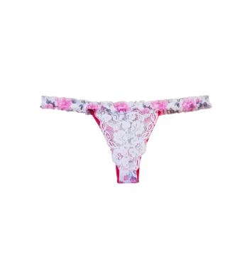 CALCINHA EM TULE E RENDA COM LATERAL FINA DE FRU-FRU BRANCO ESTAMPADO MILENA