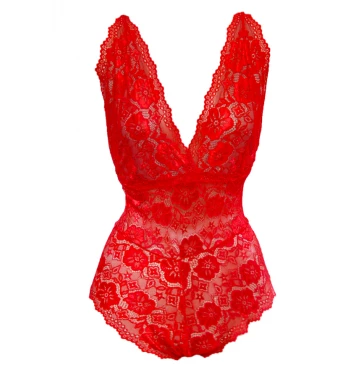 Body de renda com decote profundo e forro Vermelho Luiza | Dricota