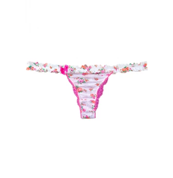 CALCINHA EM TULE E RENDA COM LATERAL FINA DE FRU-FRU BRANCO E ROSA ESTAMPADO MILENA