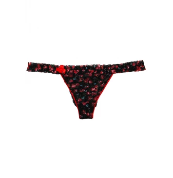 CALCINHA EM TULE E RENDA COM LATERAL FINA DE FRU-FRU PRETO ESTAMPADO MILENA