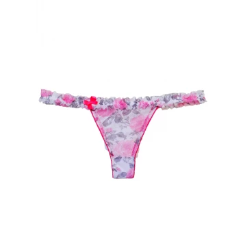 CALCINHA EM TULE E RENDA COM LATERAL FINA DE FRU-FRU BRANCO ESTAMPADO MILENA
