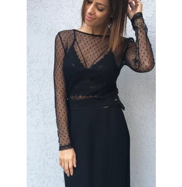 T-shirt de tule e poá em manga longa e transparência preto | Dricota
