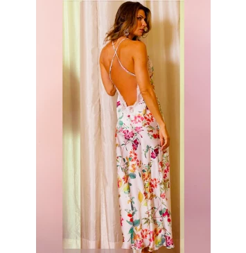 Camisola longa de seda com decote costas estampa floral Mariah